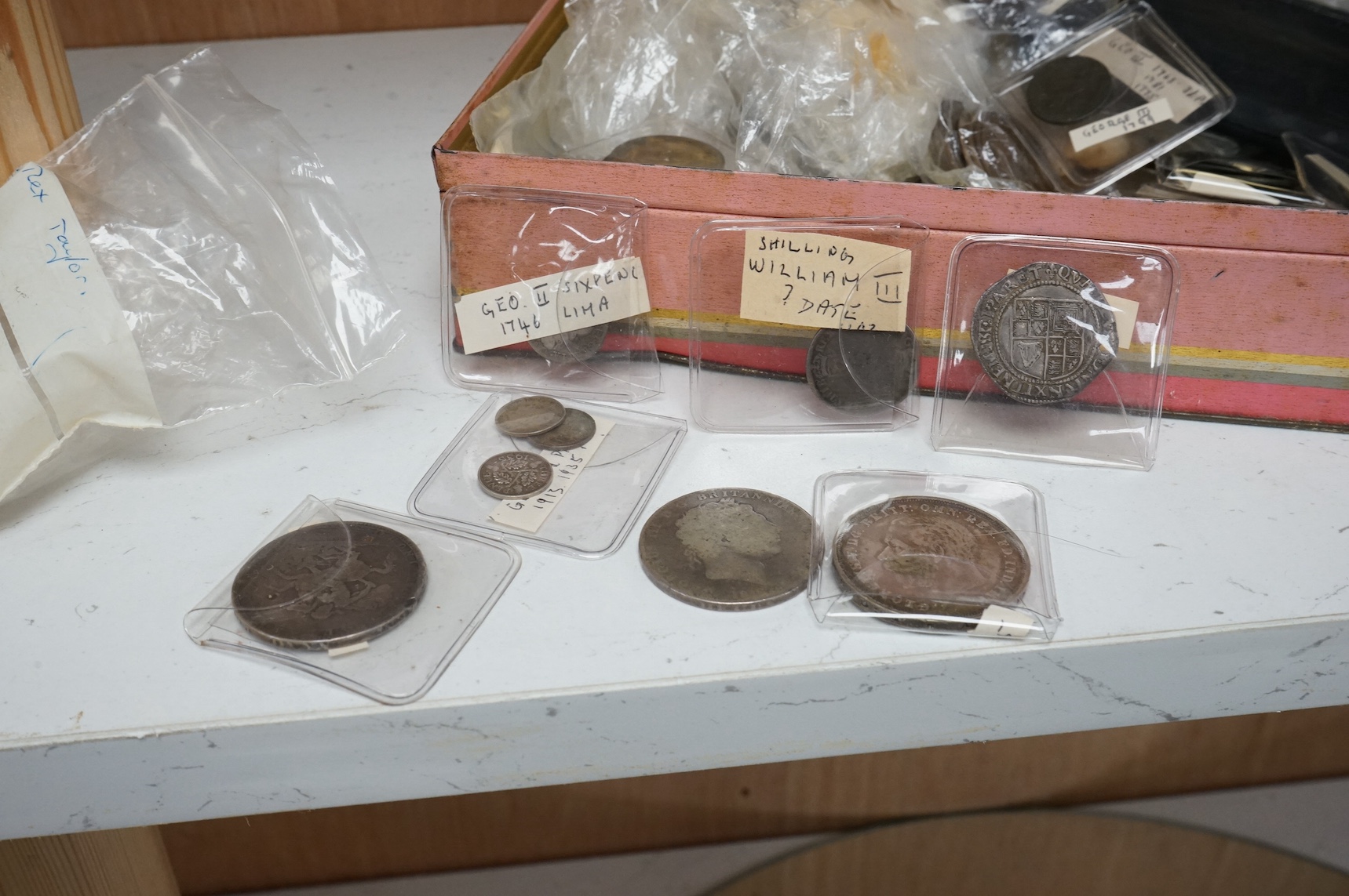 British coins, Stuart to modern, including George V, two crowns, 1935, George III, two worn crowns, George II sixpence, 1746, William III shilling, James II silver 4d, James I silver shilling etc.